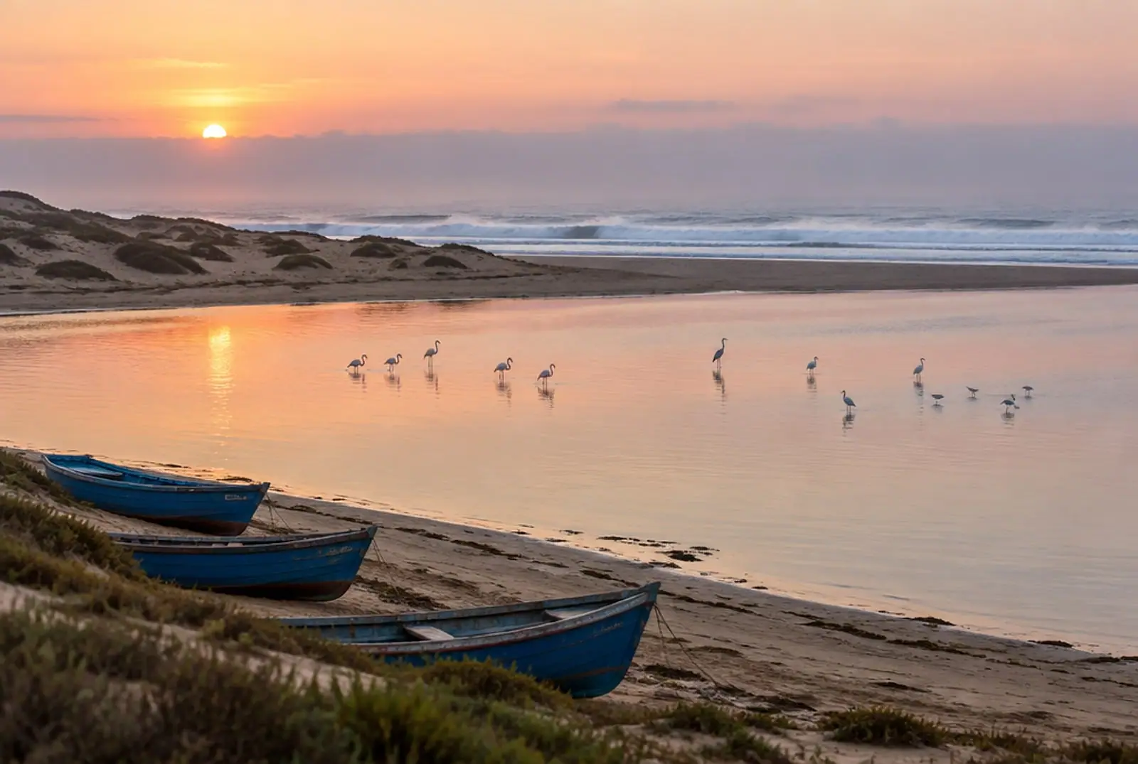 Illustrative image: dawn over a calm Atlantic lagoon, with wading birds and blue fishing boats on the shore.