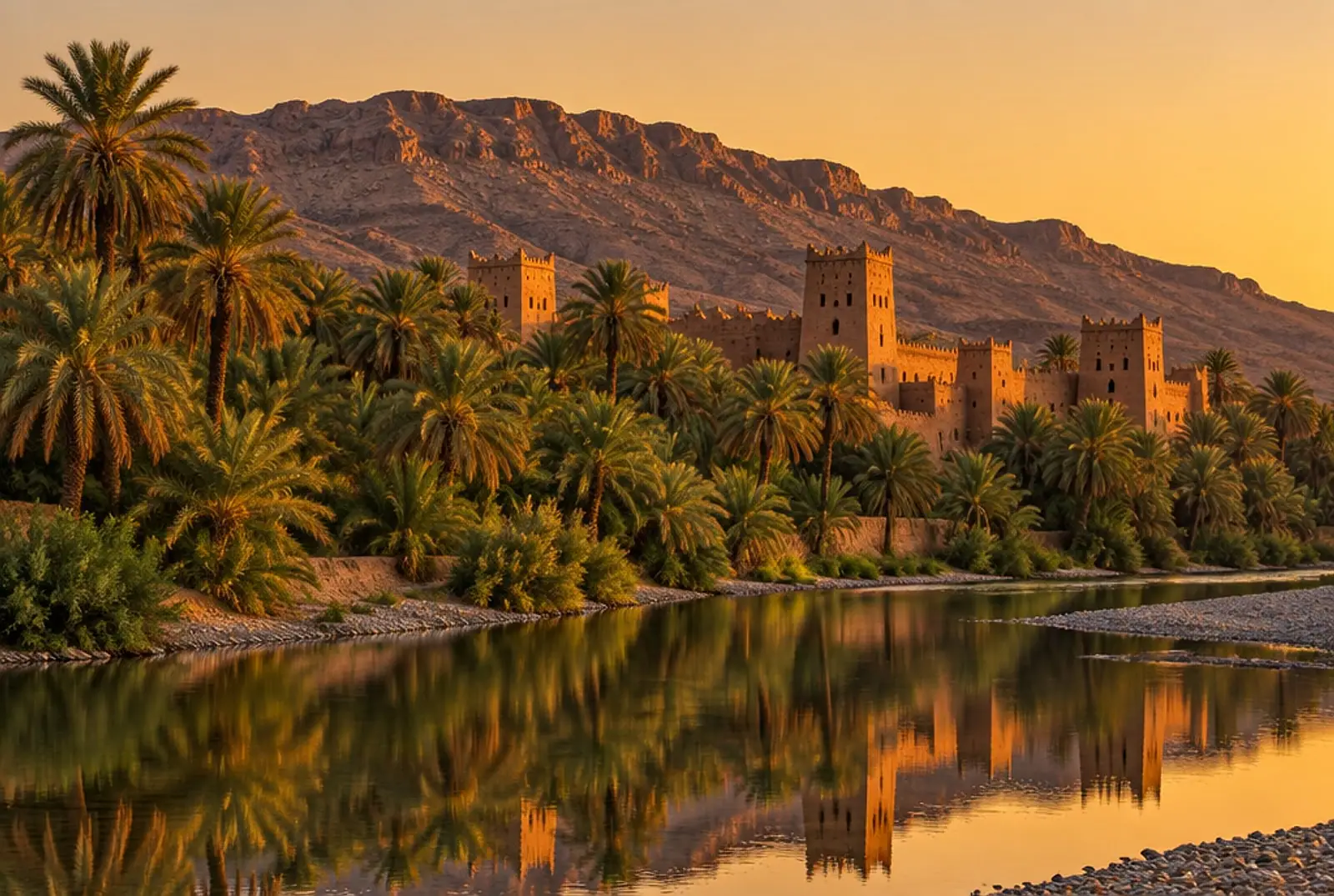 Illustrative image: a palm grove and a mud-brick ksar in a southern Moroccan valley at sunset.