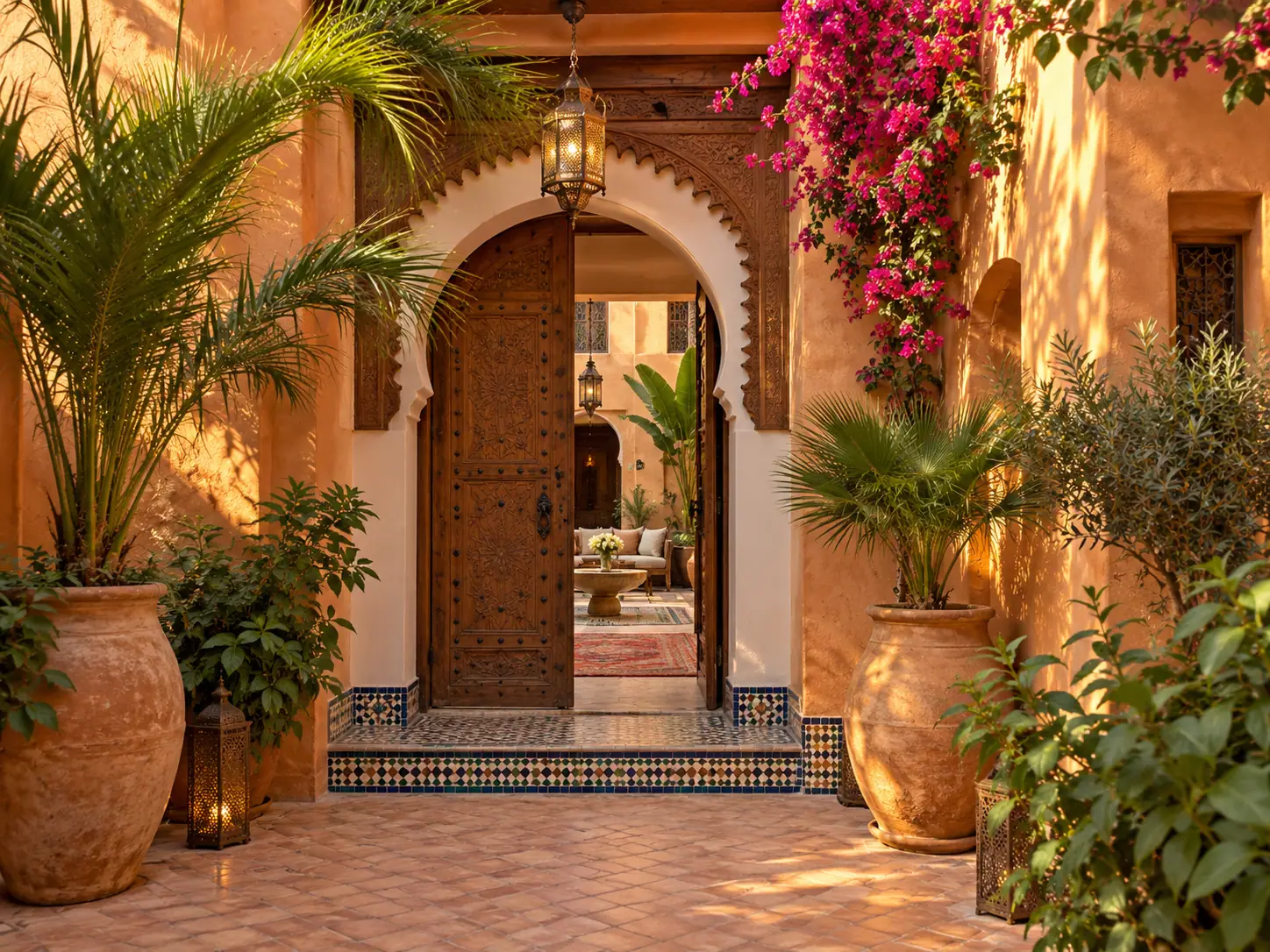 Illustrative image of a warmly maintained three-star style riad entrance in Marrakech.