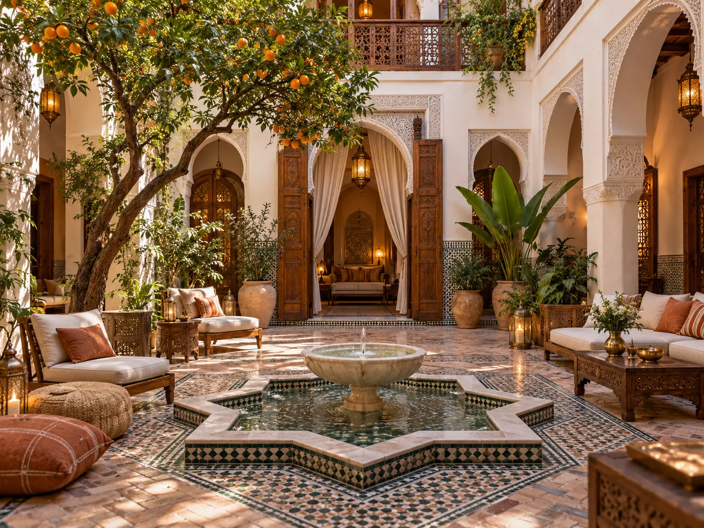 Illustrative image of a refined four-star style riad courtyard in Marrakech.