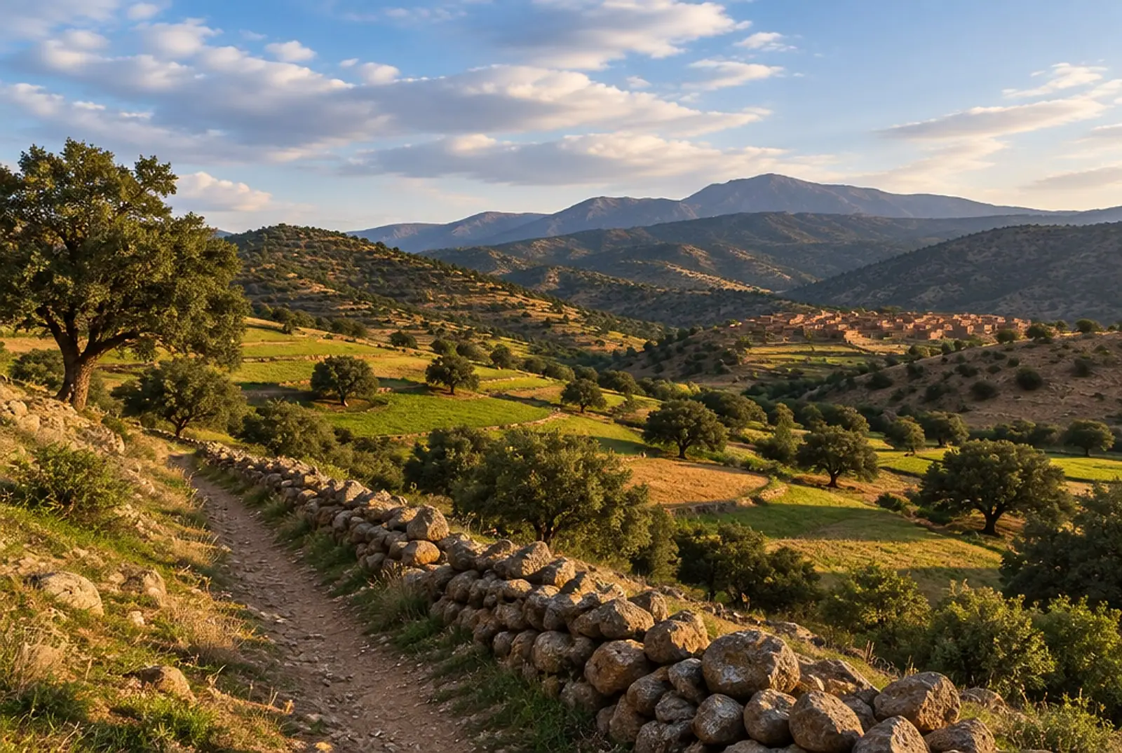 Illustrative image: oak-dotted hills and fields in the foothills of central Morocco in late afternoon.