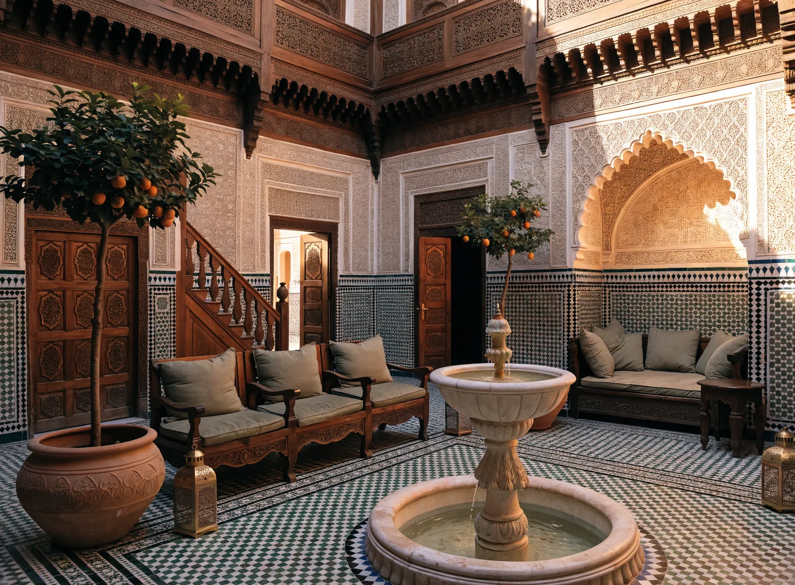 Illustrative image of a refined riad courtyard in Fez with a marble fountain and zellige mosaic.